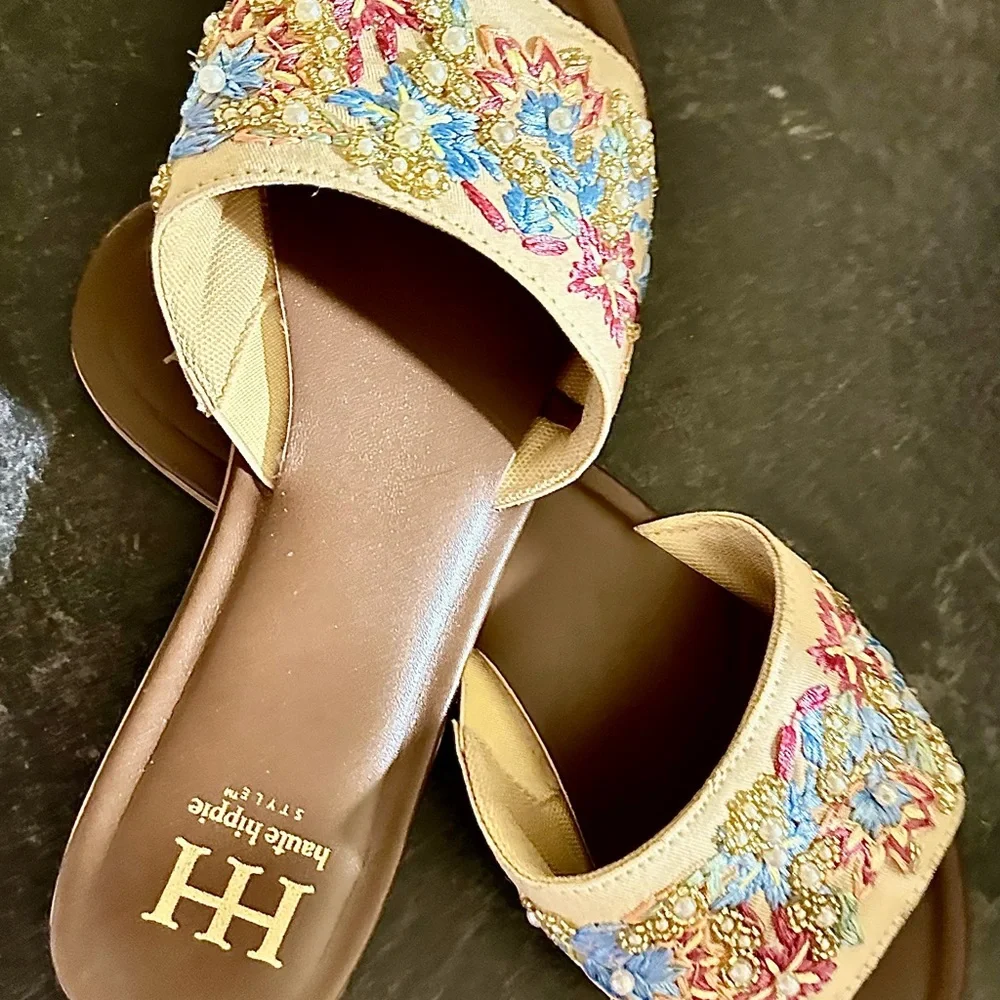 Haute Hippie Floral Embroidered Sandals - Blue and Pink on Beige - Picture 5 of 10
